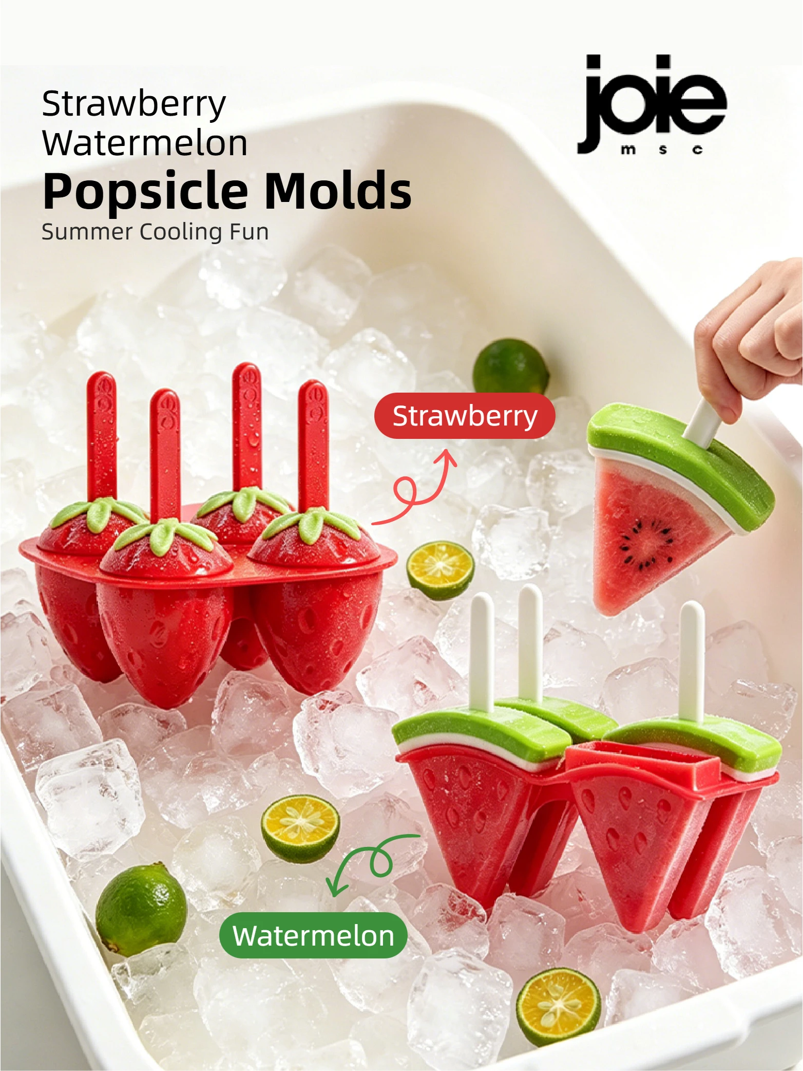 Joie Ice Pop Molds for Kids BPA Free Food Grade PP Popsicle Maker Strawberry Watermelon Shape Ice Cream Mold Set