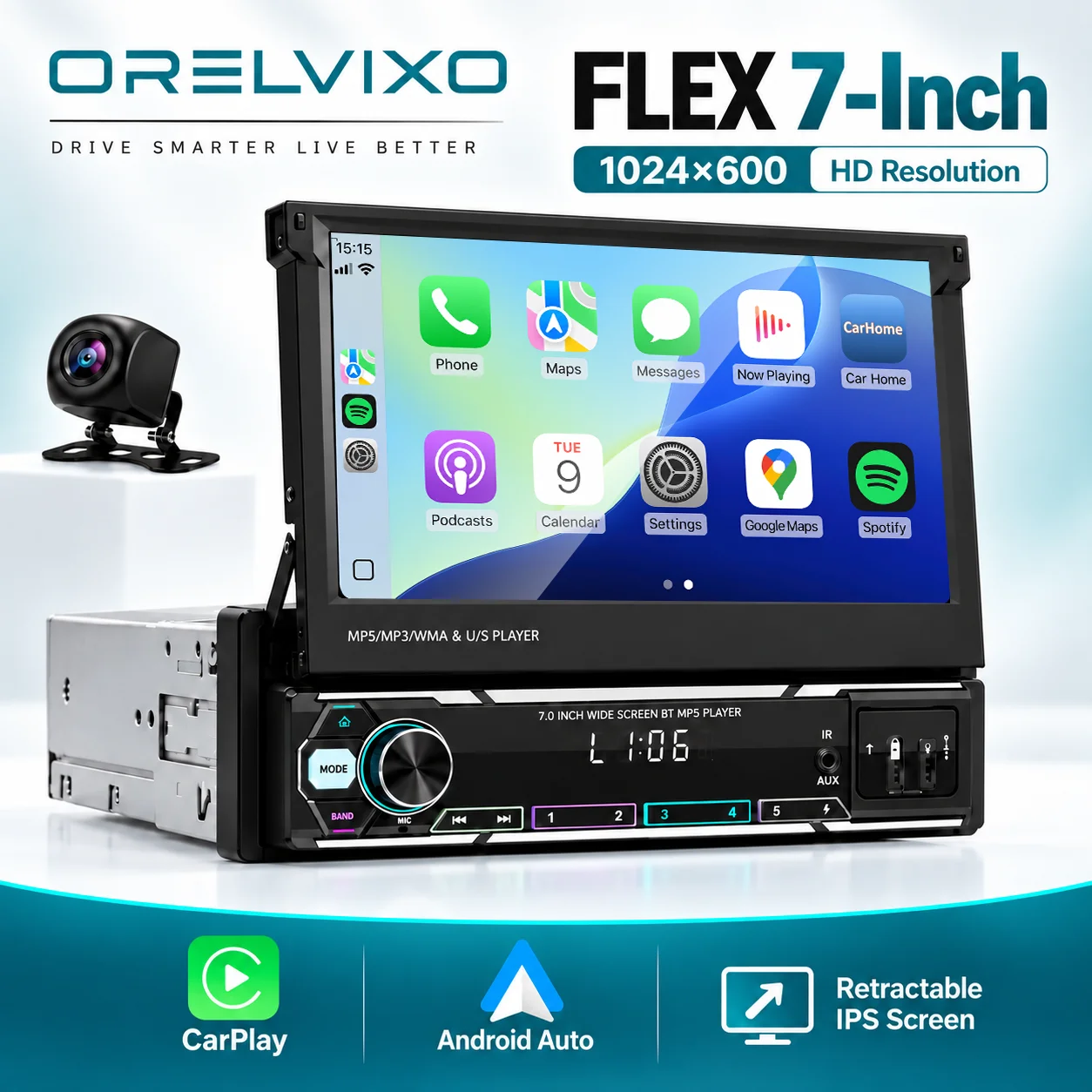 1 DIN Car Radio 7 Inch Retractable Touchscreen MP5 Player CarPlay Android Auto FM Mirror Link Manual or Automatic Car Stereo
