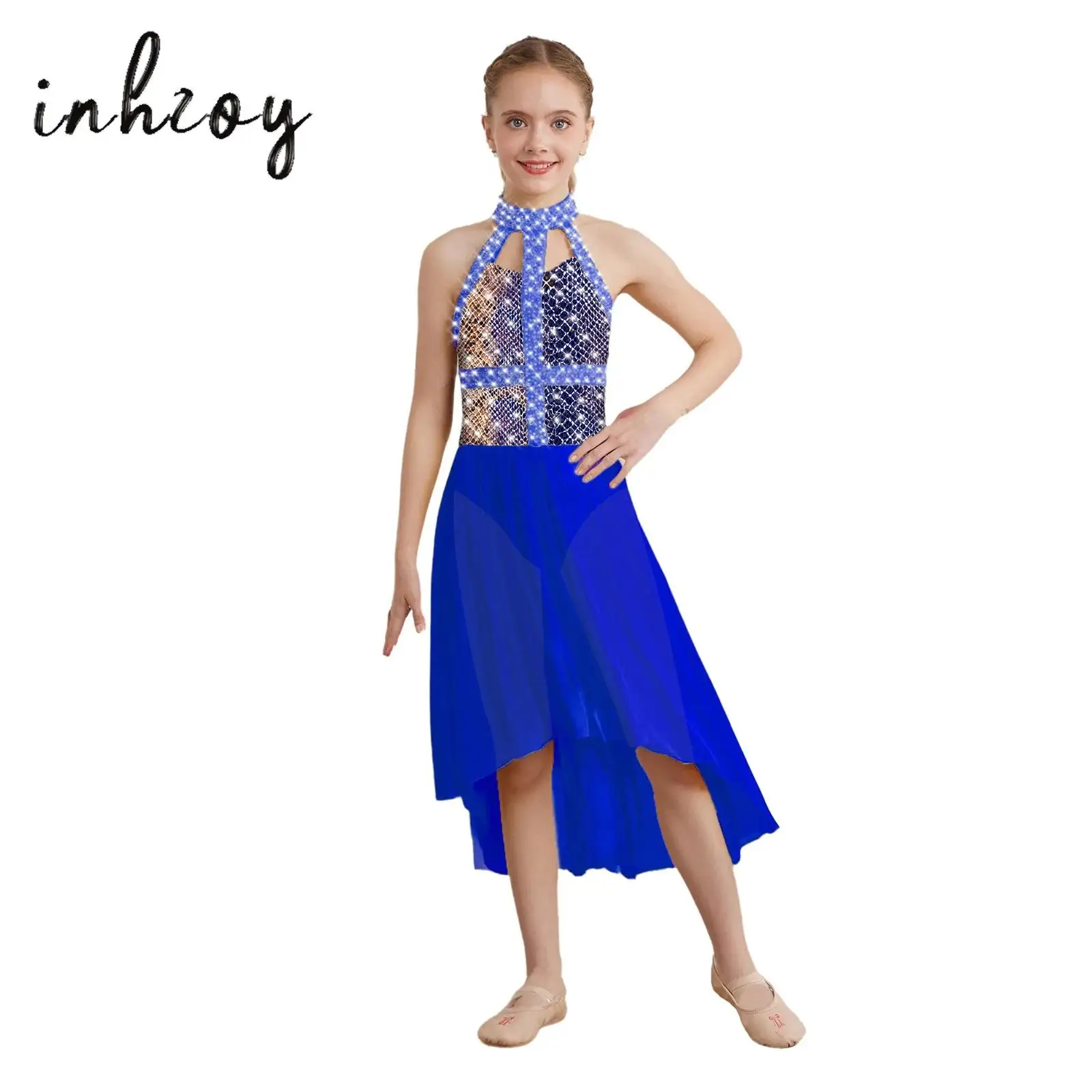 

Kids Girls Contemporary Lyrical Dance Dress Snakeskin Printed Halter Sleeveless Sparkly Rhinestones High-Low Mesh Hem Dresses
