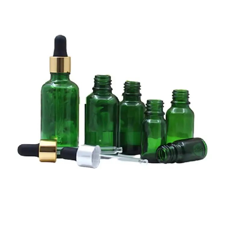 

15pcs Refillable Empty Dropper Bottle Matte Black Rubber Top 5ml 10ml 15ml 20ml 30ml 50ml 100ml Green Glass Essential Oil Vials