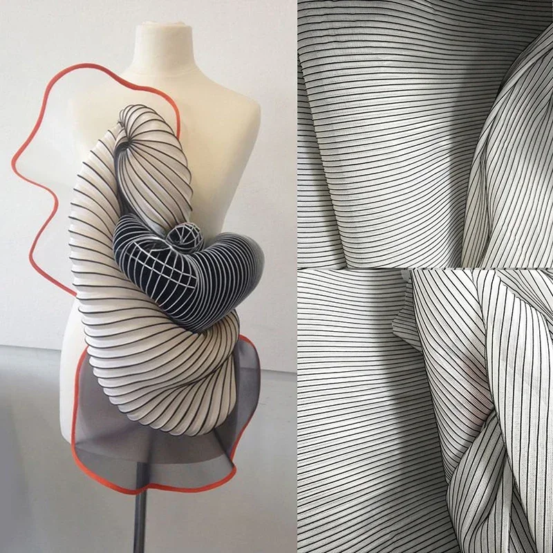 50cm 3D Pleated Black and White Air Layer Stripes Fabric Vertical Textured Designer Fabric Creative Unique Clothing DIY Sewing