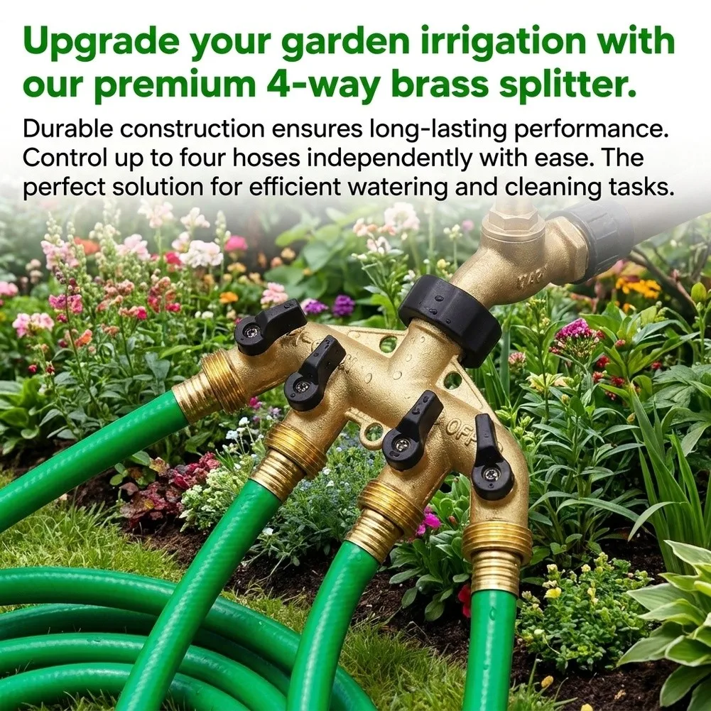 4-Way Brass Hose Splitter 3/4'' Brass Hose Faucet Manifold Garden Hose Adapter Connector Hose Spigot Adapter With 4 Valves