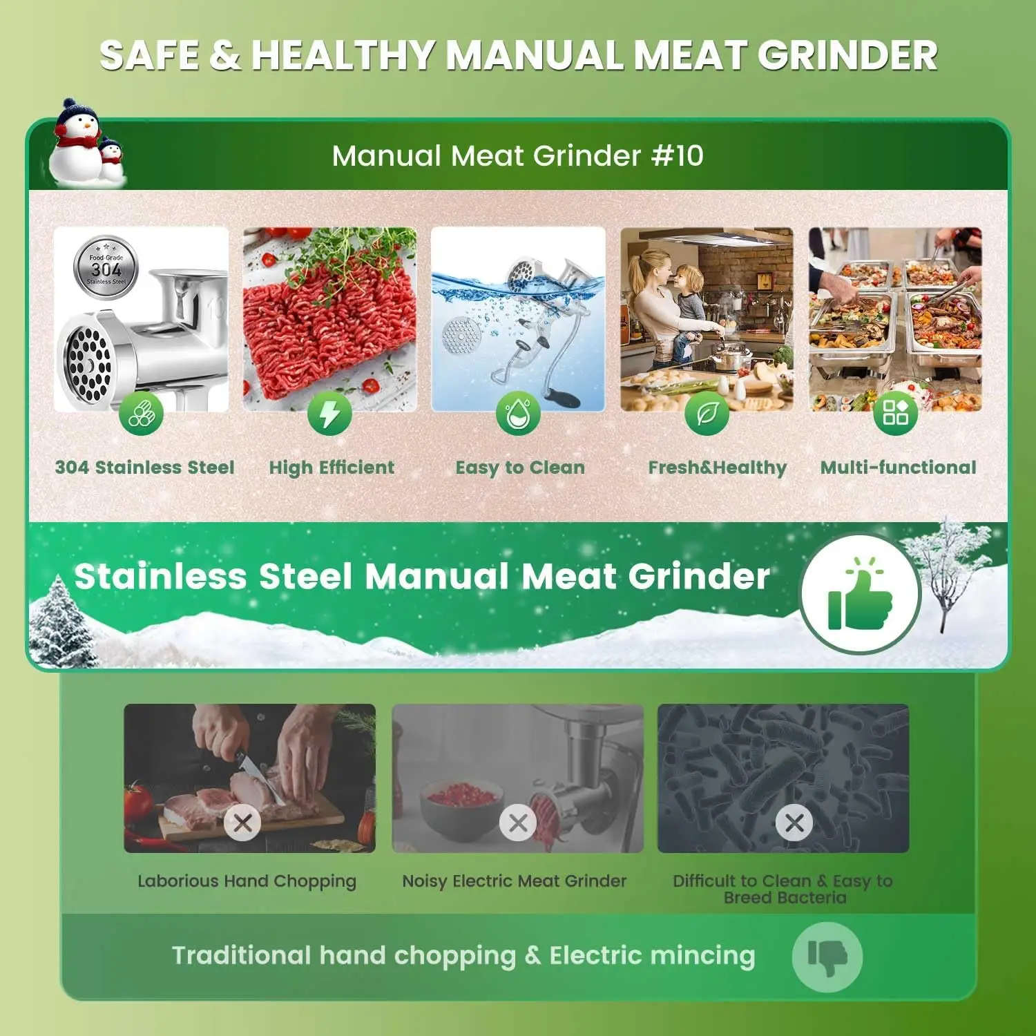 Meat Grinder Manual Stainless Steel Meat Mincer Sausage Stuffer Filler Handheld Meat Grinding Machine Multifunctional Attachment