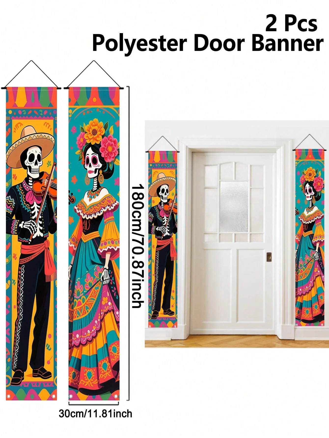 Tag der Toten Veranda-Banner-Set: Mariachi-Mann, Catrina, Zucker-Schädel Vertikale Hängeflaggen für Mexikanische Halloween-Party Frontdekoration – Detail 8
