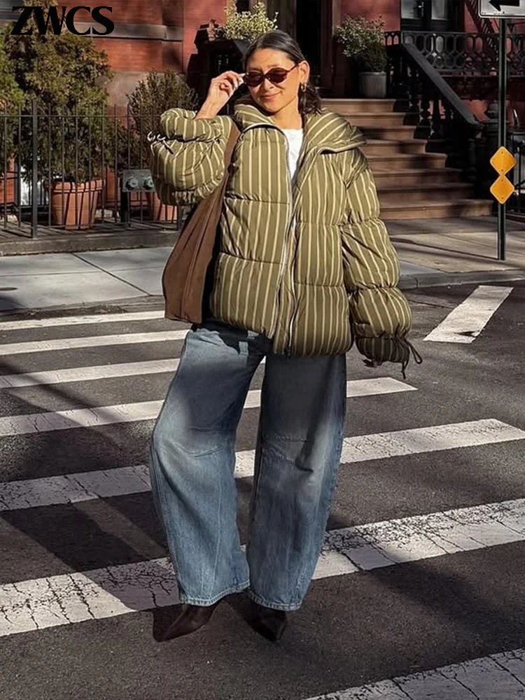 2025 nova senhora quente outwearloose listrado algodão acolchoado casaco feminino inverno zíper lanterna manga rendas turn down collar jaqueta