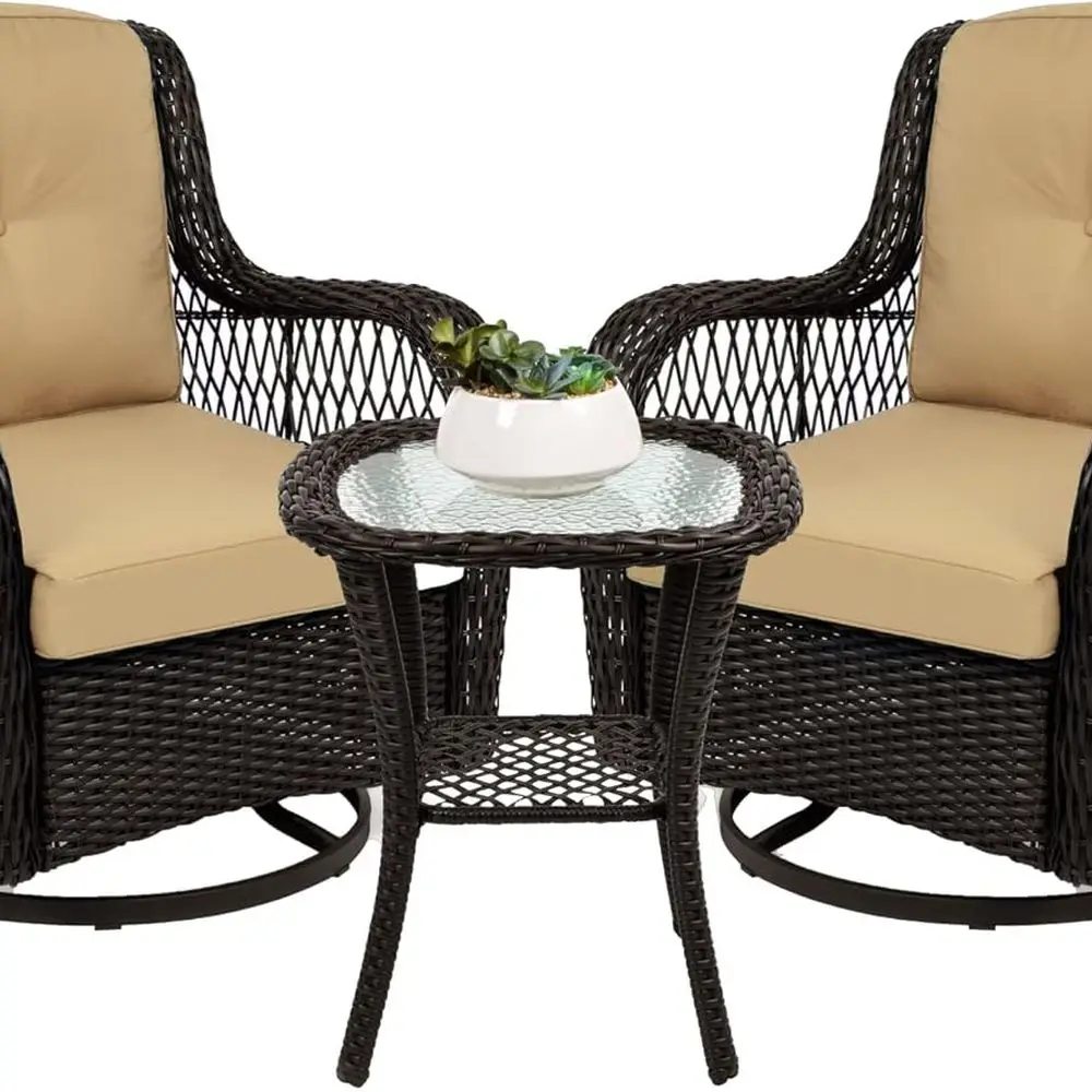

Beige Outdoor Wicker Bistro Set with Swivel Rocking Chairs and Glass Top Side Table