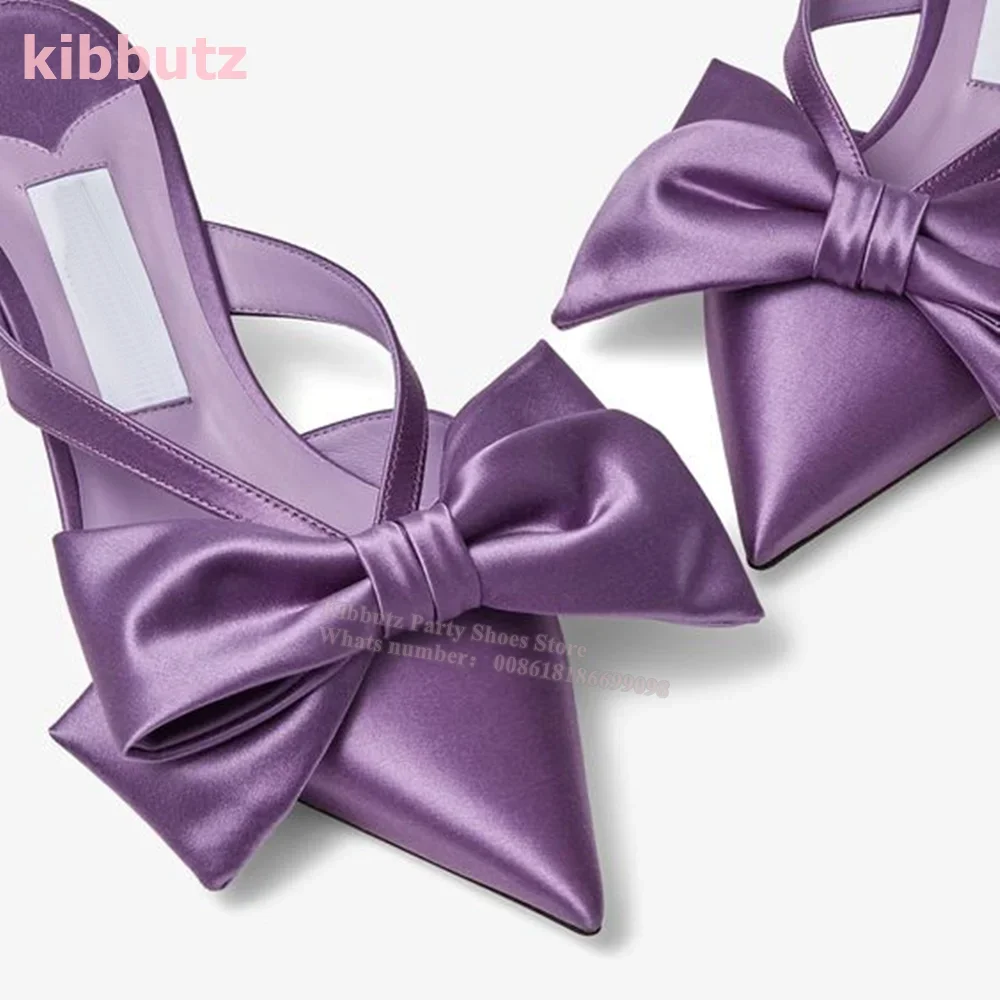 شباشب من الساتان بعقدة على شكل فراشة أرجوانية سادة موضة ضحلة أنيقة ومثيرة عالية للنساء بمقدمة مدببة وكعب رفيع صنادل سهلة الارتداء أحدث