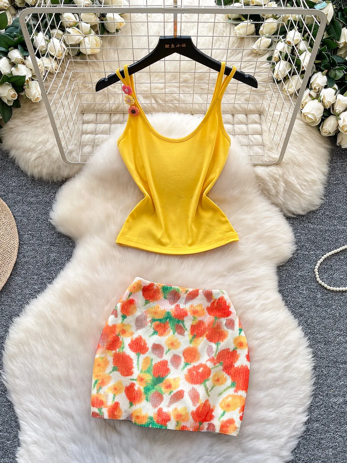 Women's 2 Piece Sets Yellow Crop Top with Skirt Outfits Vintage Y2k Flower Print Sequins Skirt Sets 2000s Clothes Autumn 2026