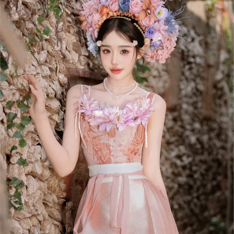 Neue Haarblumen-Kopfbedeckung für Damen, rosa Kleid, Brust-Set