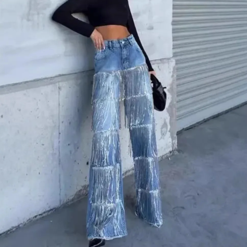 

2026 New Womens Fashion Stud Decoration Fringe Denim Loose Straight Leg Jeans Elegant Casual Versatile Slim Fit Trendy Cool