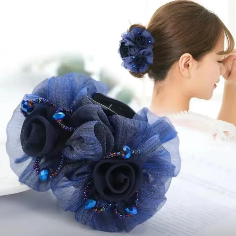 Blumen-Haarspange für Damen, elegante Haarklammer mit Rosen-Design und Spitze, handgefertigte Haarnadel für Hochsteckfrisuren – Detail 1