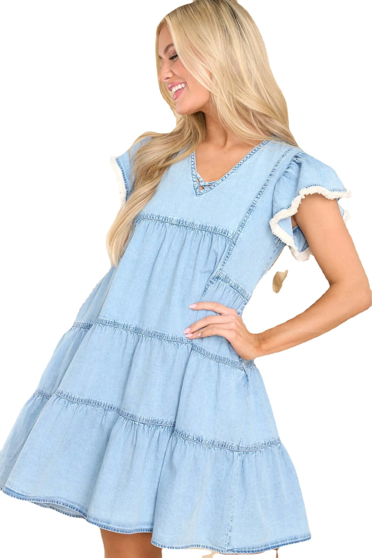 

V Neck Dress Women Dresses Loose Fit Knee Length Washed Spliced Summer Vestidos 2025 Slight Strech Casual Basics Patchwork