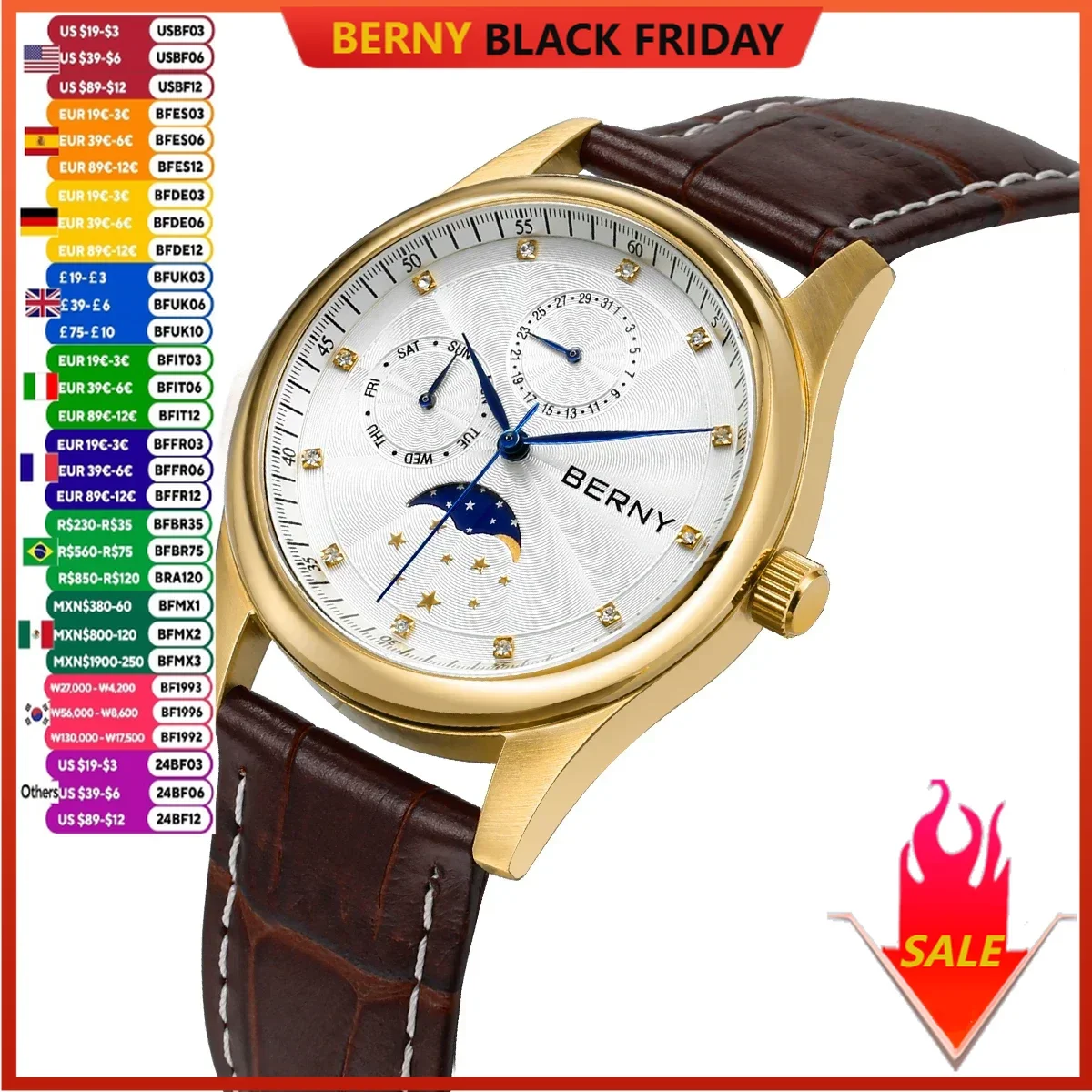 BERNY Women's Watches Calendar Date Week Real Moon Phase Quartz Women Watch Leather Strap Elegant Casual Ladies Girl Wristwatch