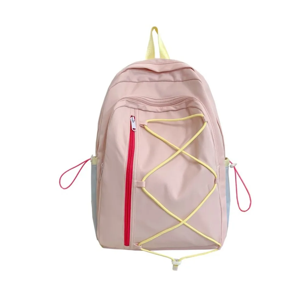 Cute Multi-pockets Drawstring Backpack Solid Color Large Capacity Student School Bag Dopamine Cloth Travel Rucksack Travel