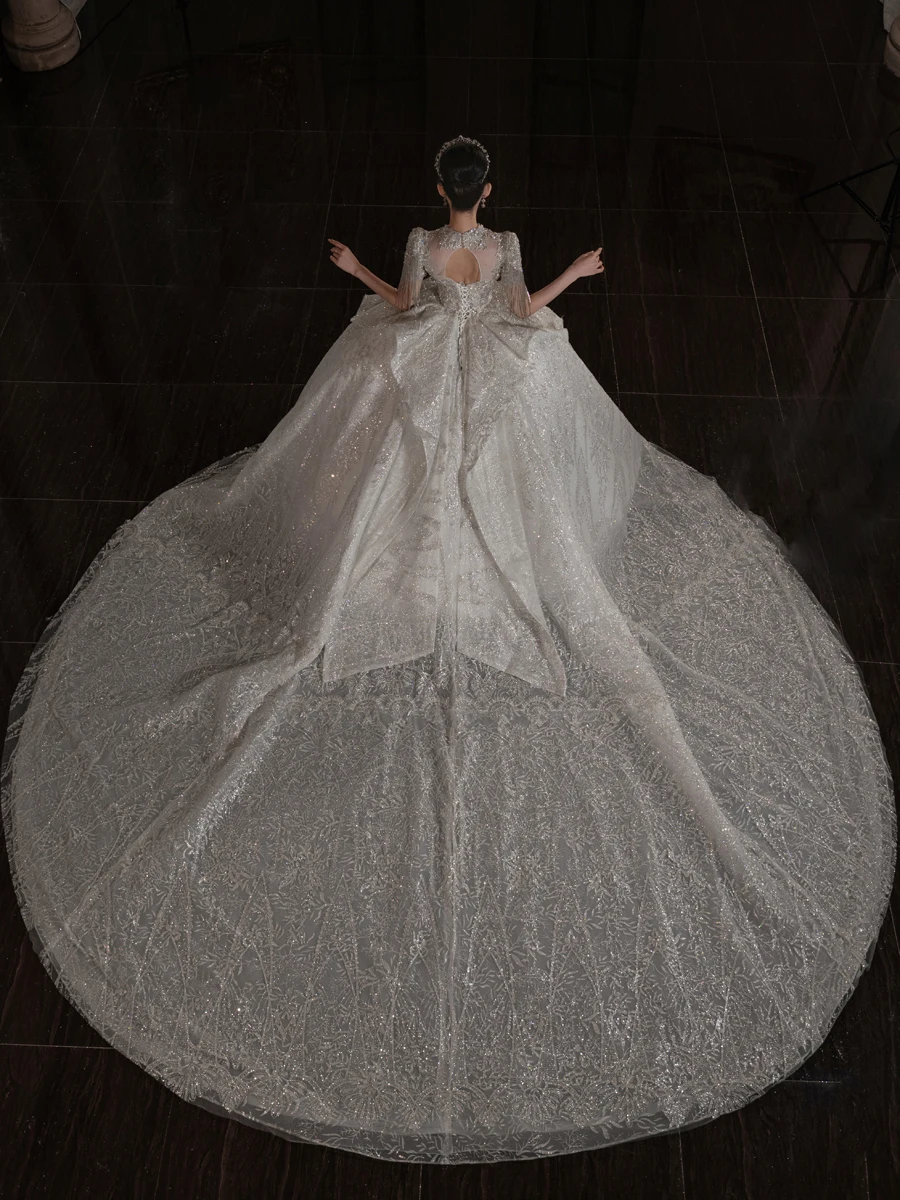 Customized Extravagant Sparkly Layered Skirt  Wedding Dresses  High Neck Lace Elegant Bridal Gown