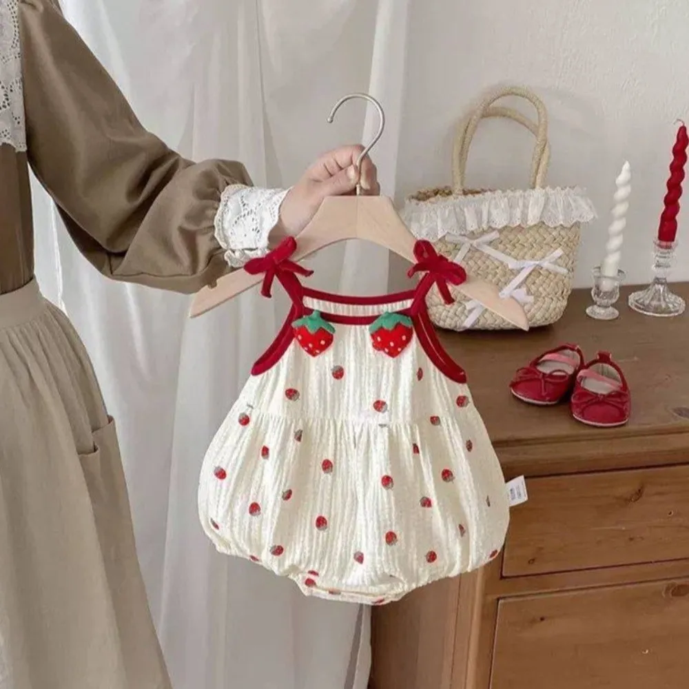 Cute Strawberry Printed Baby Sling Jumpsuit Sweet Bow Thin Baby Romper Baby Clothes Summer