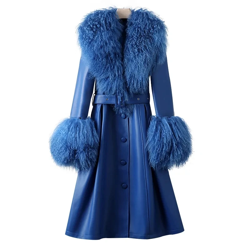 

Genuine Leather Women Long Sleeve Belt Lambskin Outwear 2023 Fashion Blue Real Sheep Wool Collar Ladies Sheepskin Trench Coats