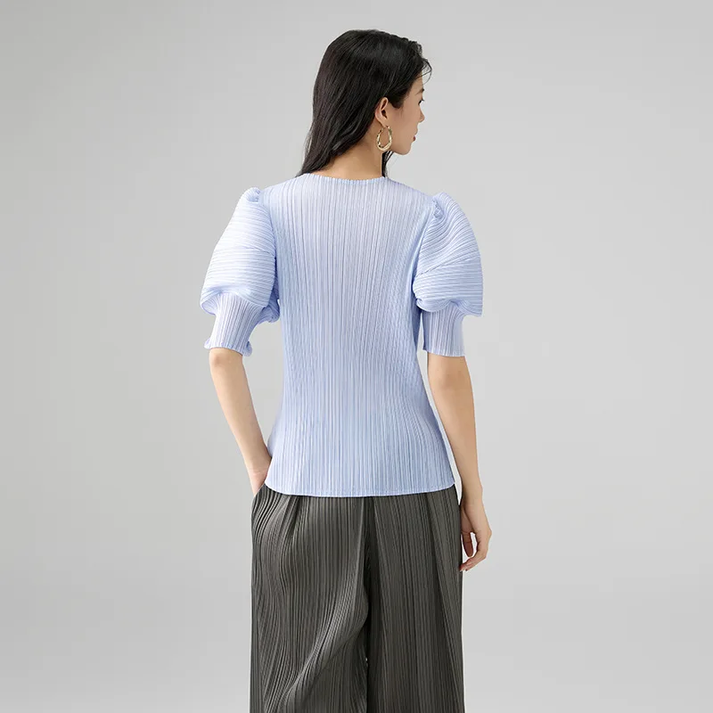 GGHK 2025 تي شيرت نسائي صيفي جديد بلون سادة ورقبة دائرية وأكمام فقاعية فضفاضة كبيرة الحجم تصميم ملابس علوية كلاسيكية للسيدات #4