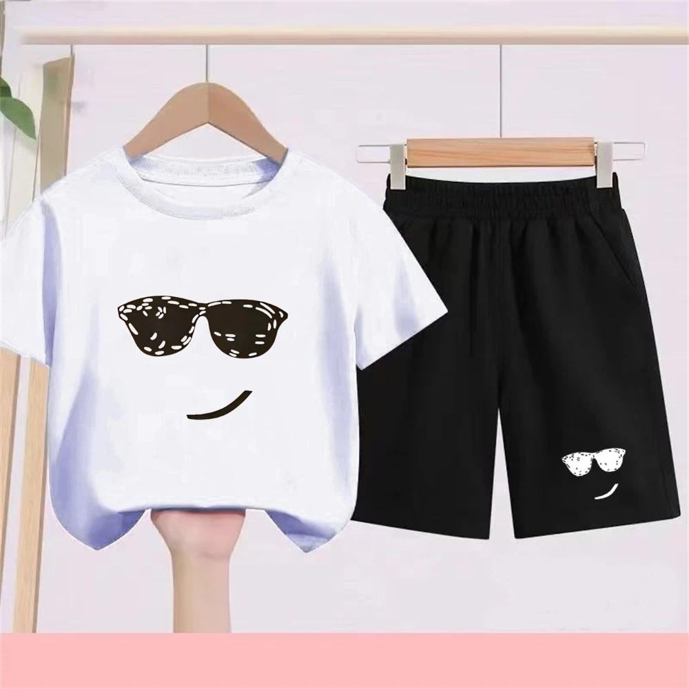 Summer T-shirt Children Age 3-12 Girls Boy Set White Tshirt+Shorts 2pcs Youngster Cool Refreshing Short Sleeve Print Kids Set