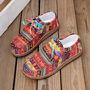 Ethnic style casual women's single shoes, colorful lace-up graffiti low-top shoes, comfortable round-toe women's shoes