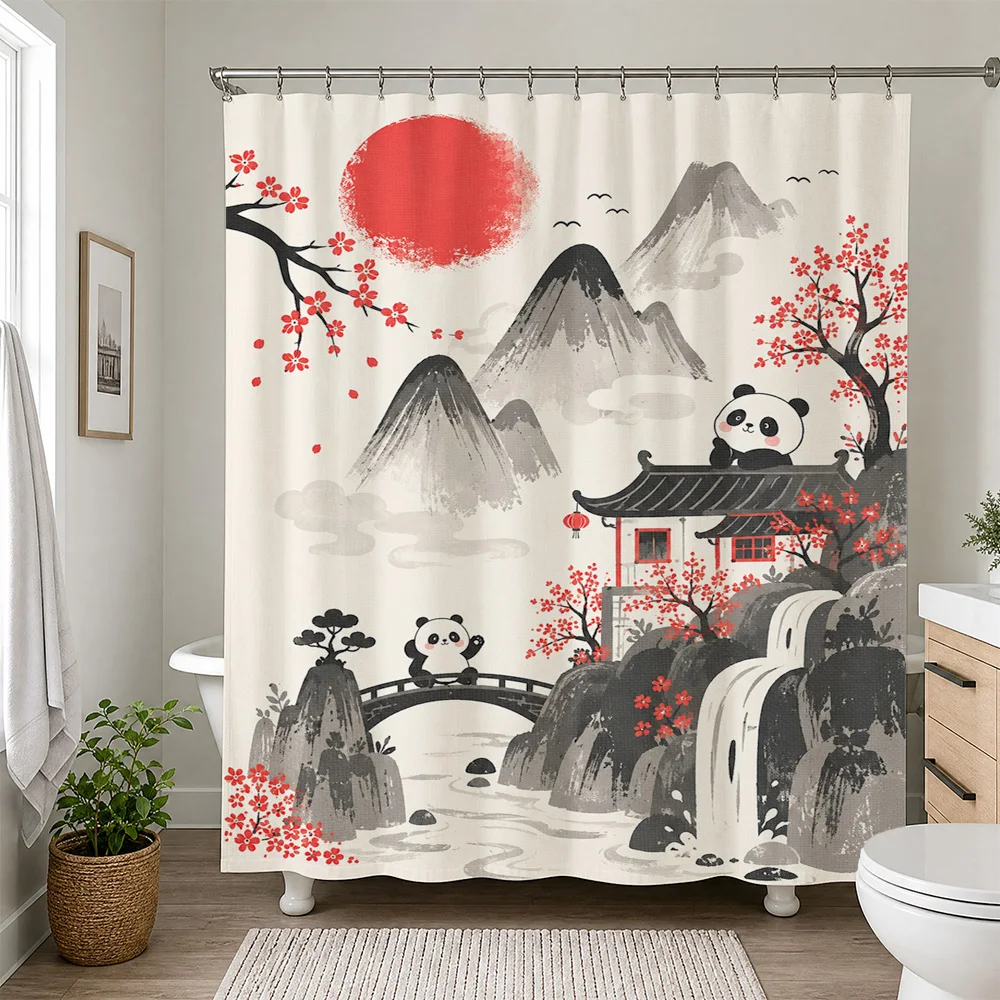 Cute Panda Mountain Landscape Shower Curtain Bathroom Decor Waterproof Washable Anime Style Shower Curtain