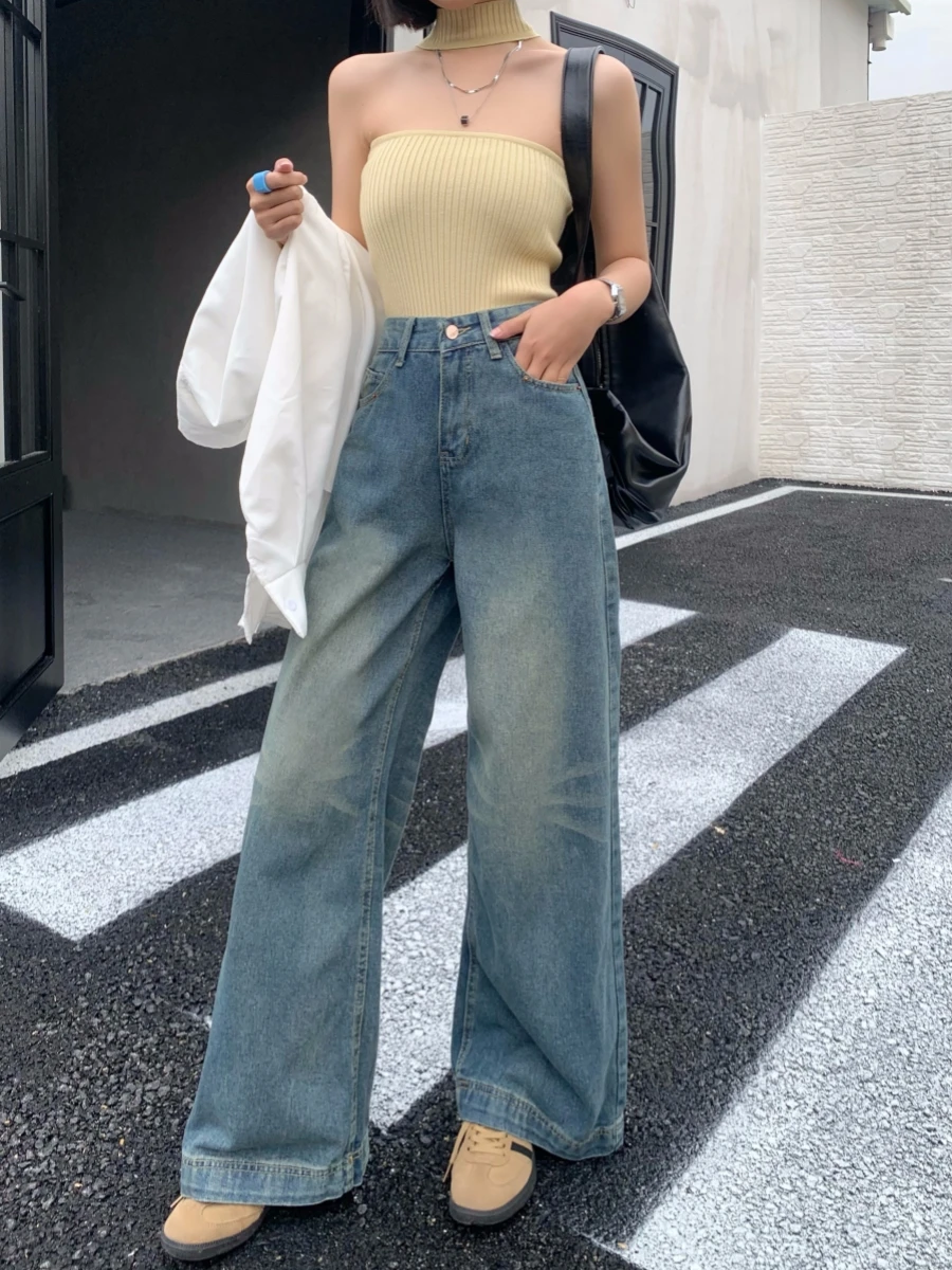 

Streetwear Retro Blue Wide Leg Jeans Women's Loose High Waist Straight Leg Denim Pants Summer New Sle Long Trousers for Women
