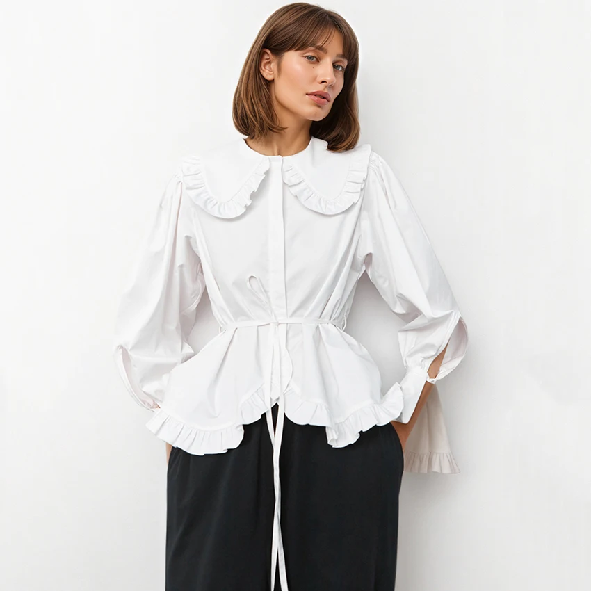 Linad بلوزة كلاسيكية بياقة مكشكشة بيضاء للنساء قمصان أنيقة بأكمام مضيئة للخريف قطع علوية غير رسمية بأكمام طويلة 2025 بوهو