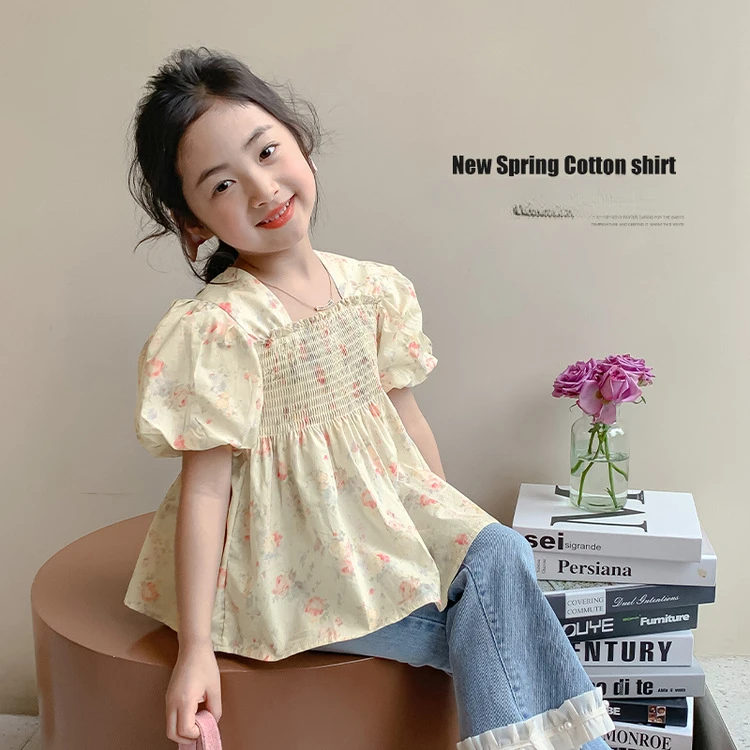 Girls White Shirt 2024 Summer New Children Western Style Top Girls Small Flying Sleeve Shirt Summer Doll Shirt Top Clothes