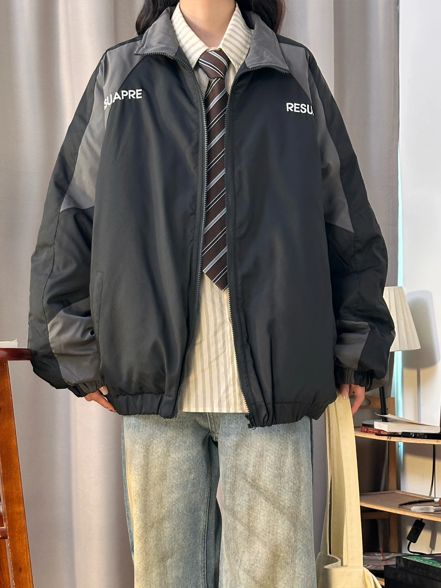 

Thiened Cotton Jaet Women's Winter Warm Street Sle Splicing Color Blo Coat Stand Collar Zipper Closure Long Sve