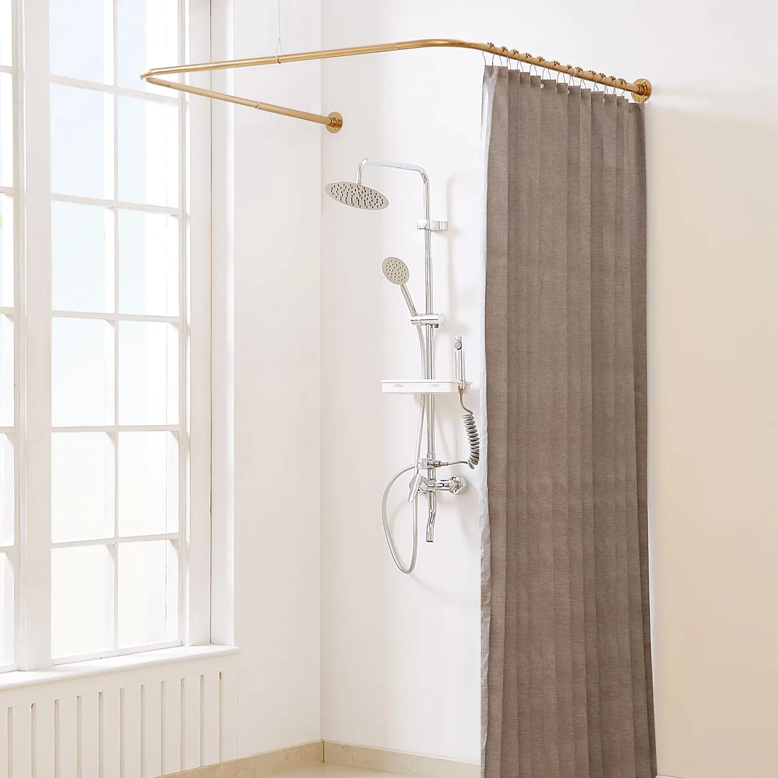 

U Shaped Adjustable Shower Curtain Rod With 12 Hooks For Bathroom Bathtub