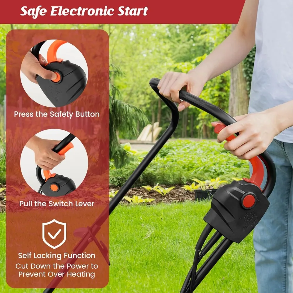 集草機付き電動芝刈り機、12アンペアモーター、14インチデッキ、3段階の高さ調整で多様な庭のメンテナンスに対応