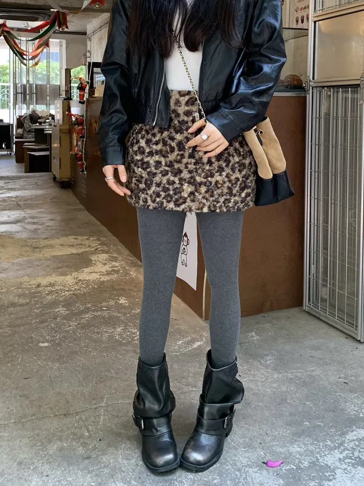 

Retro Sexy ort f Skirt High Waist Lamb Fur Wrap Women's Autumn Winter plus Size Slimming Leopard Print A-Line Skirt