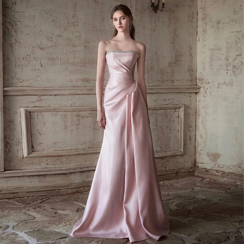 Pink Bra French Style Evening Dress for Women 2024 New High-End Annual Meeting Host Engagement Banquet Bride Toast