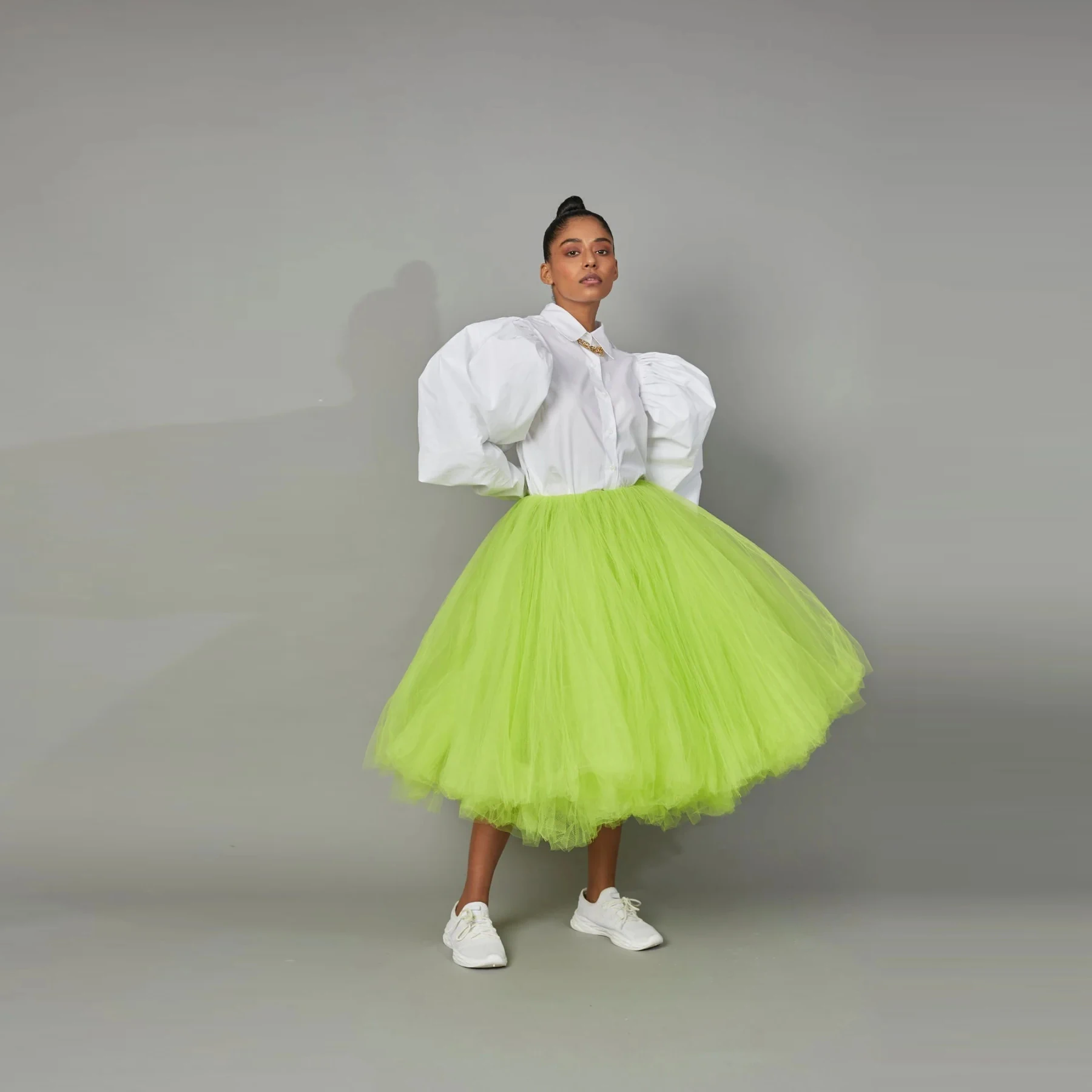 

Neon Green Tutu Tulle Skirt Custom Fashion Long Tulle Skirts Ankle Length Puffy Elastic Waistband