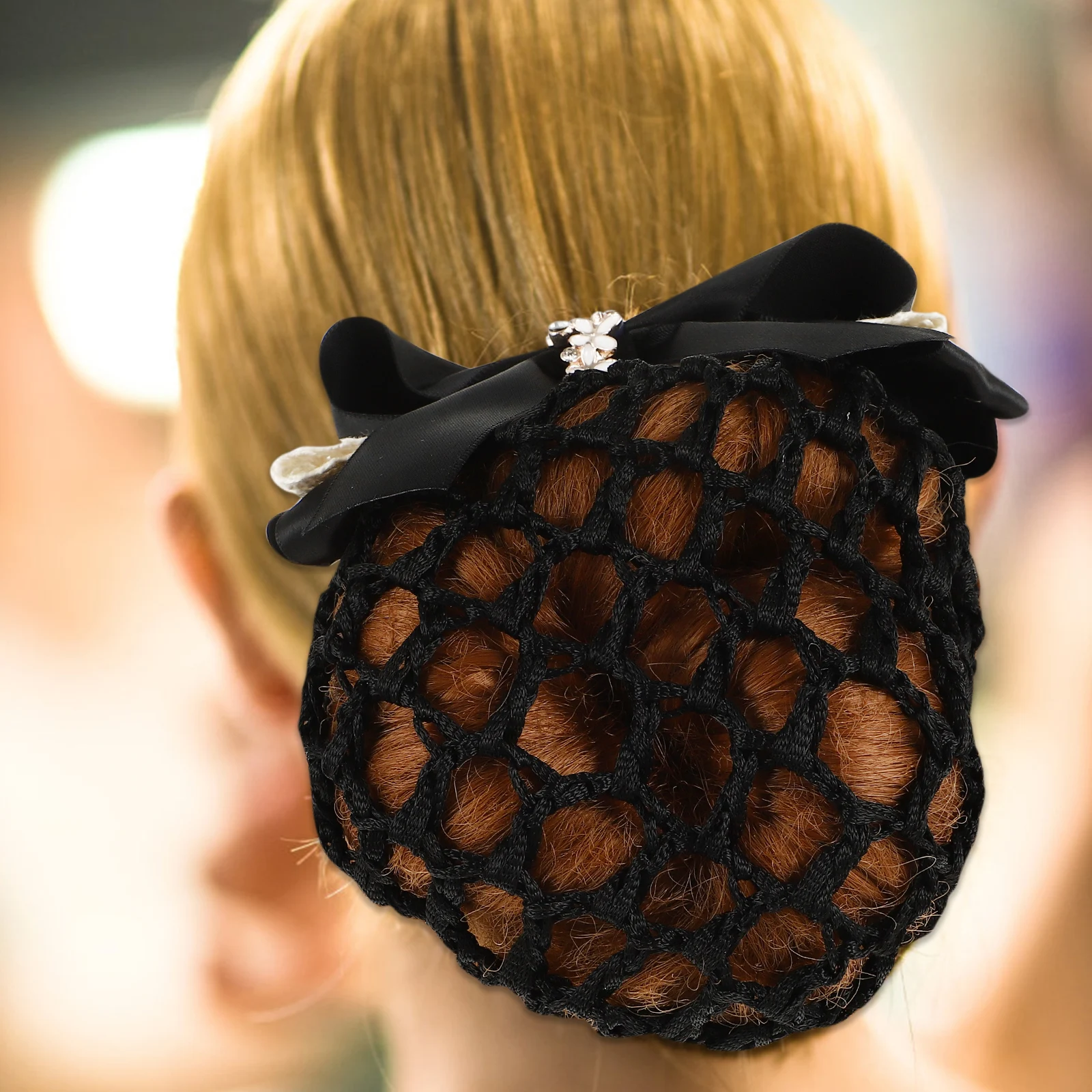 

3pcs Elastic Bow Hair Snood Net For Women Lady Office Bun Headdress Mesh Hair Clip Pearl Rhinestone Lace Black Blue Dark Blue