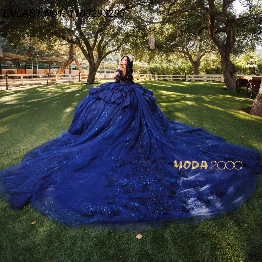 

EVLAST Элегантное королевское синее платье Quinceanera по индивидуальному заказу, бальное платье с кружевной аппликацией и бантом из бисера, милое платье 16, Vestidos De 15 Anos E1QN502