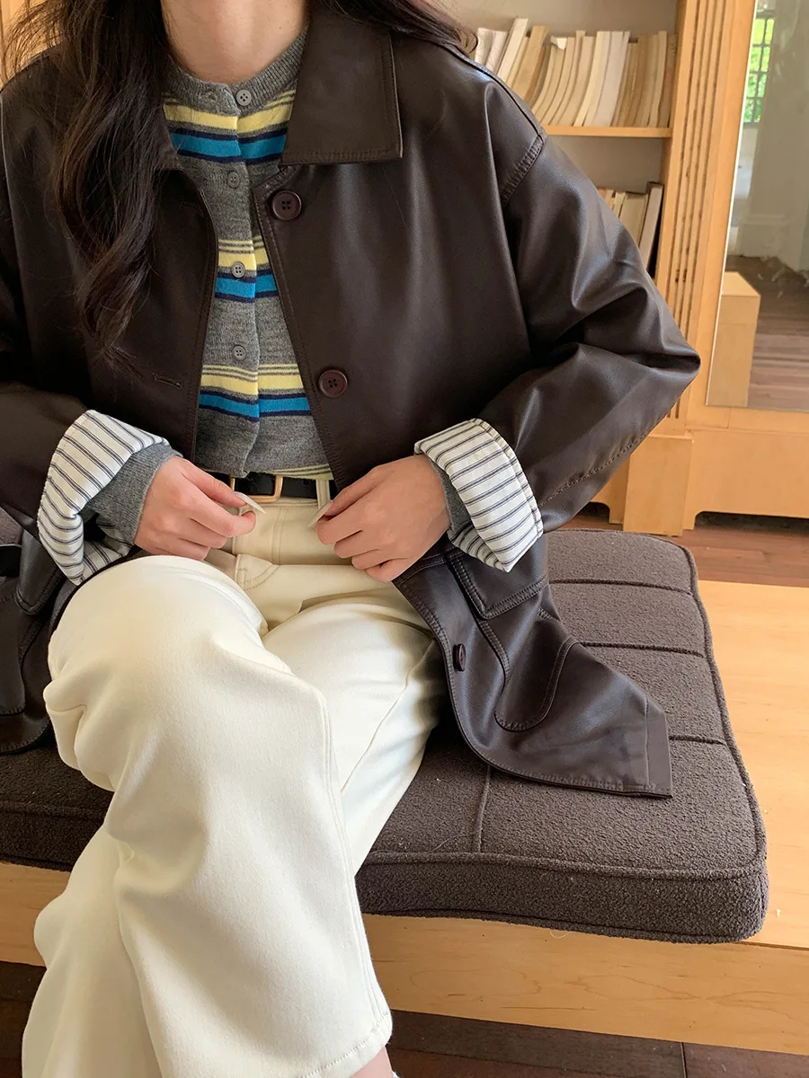 秋冬カジュアルスプライスストライプ長袖レザージャケットレディース新スタイルアウター