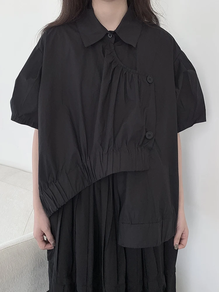 

Дизайнерская черная рубашка с коротким рукавом, асимметричный дизайн, женская модная одежда для офиса, свободный крой, дышащая тонкая ткань