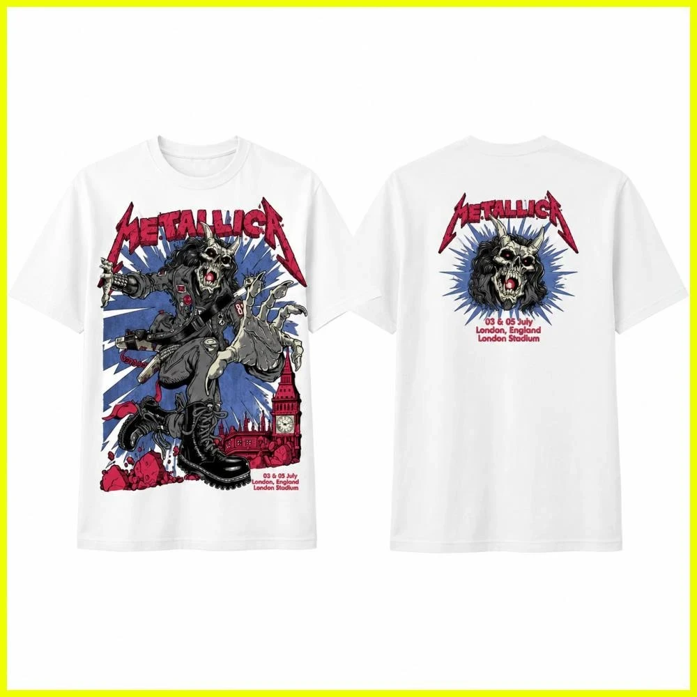 2026 Metallica London Tour Two Sides T-Shirt Heavy Metal Rock Band Graphic Tee Unisex Vintage Cotton Casual Streetwear Tshirt