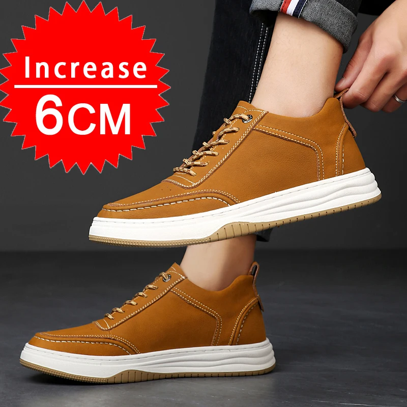 Zapatillas elevadoras de cuero negro y marrón para hombre, zapatos elevadores, aumento de altura de 6 cm, zapatos casuales para caminar, zapatillas de moda