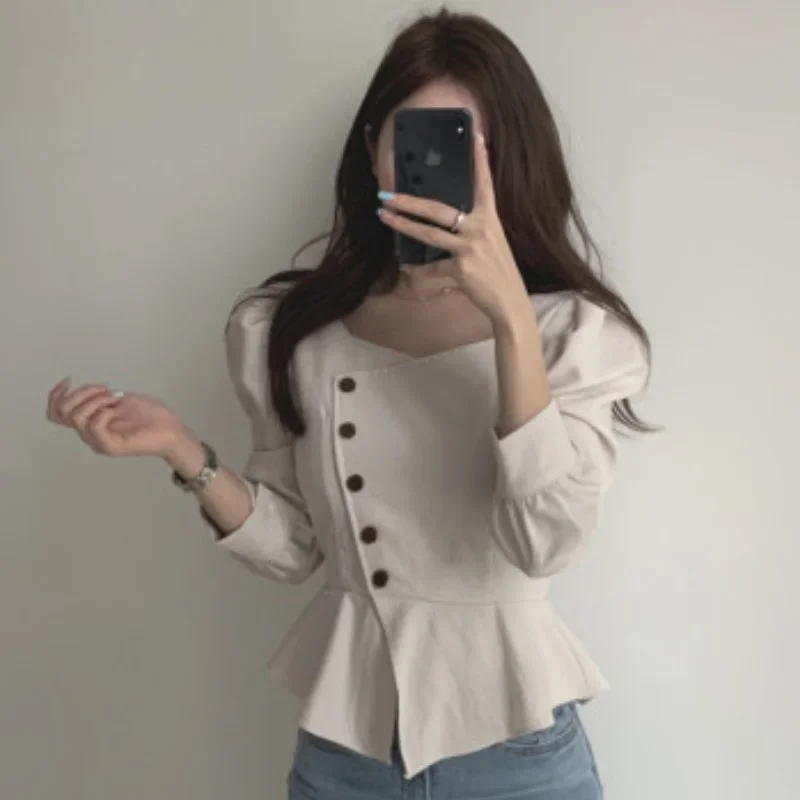 Chemise Femme Korean Chic Autumn Retro High Waist Puff Long Sleeve Square Collar Shirts Temperament Top Slim Blusas Camisas