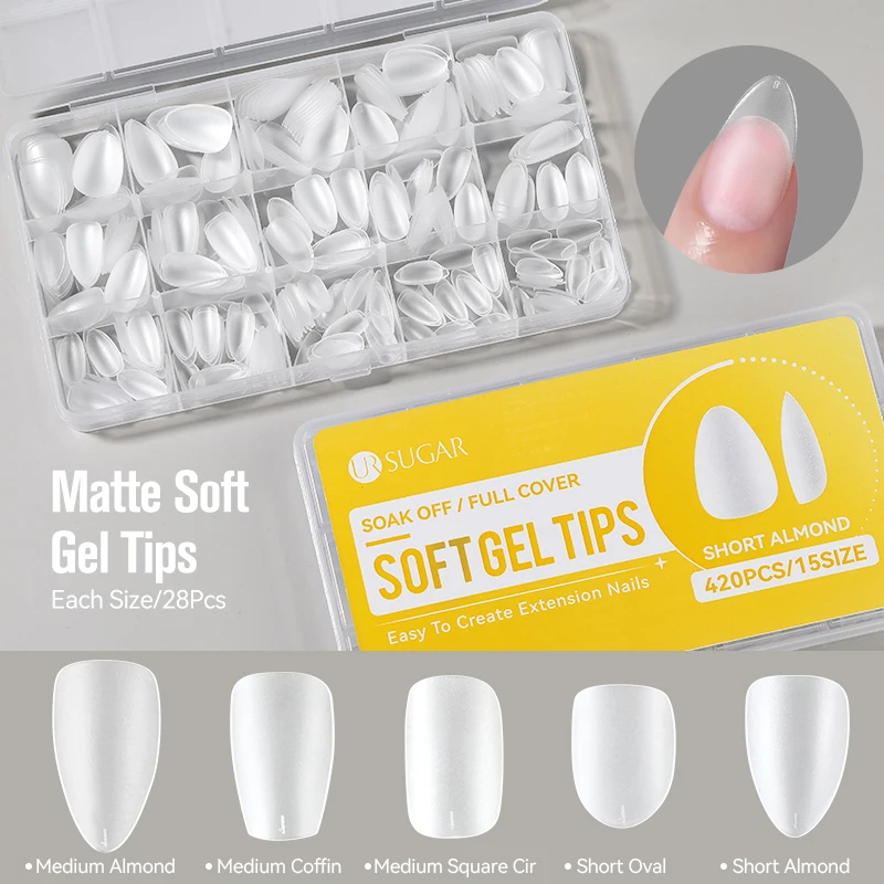 

UR SUGAR 420PCS Short Almond Nail Tips Soft Gel Nail Tips Full Cover False Nail Tips For Acrylic Nails Manicure Salon Home Press