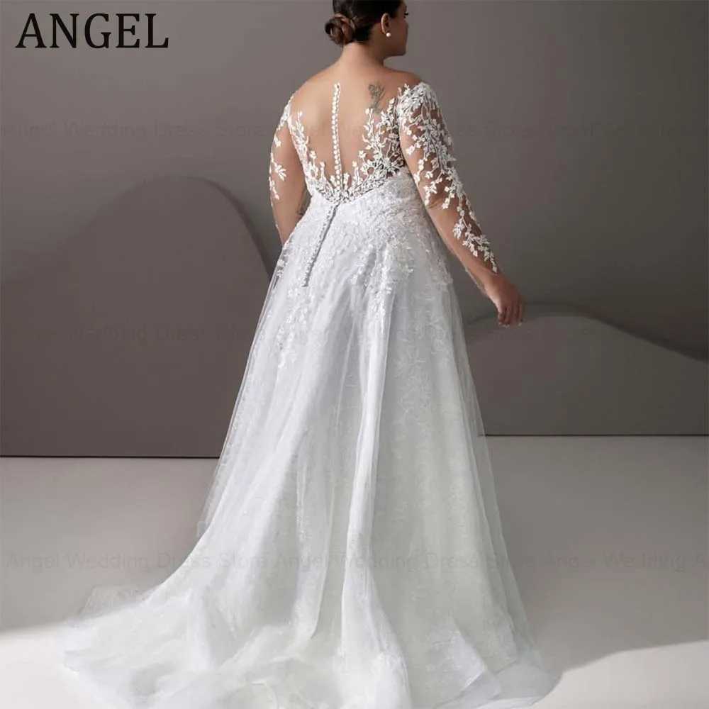 ANGEL Customized Plus Size Wedding Dress for Woman 2026 Long Sleeve Scoop Lace Applique Tulle A Line Bridal Gown Robe De Mariee
