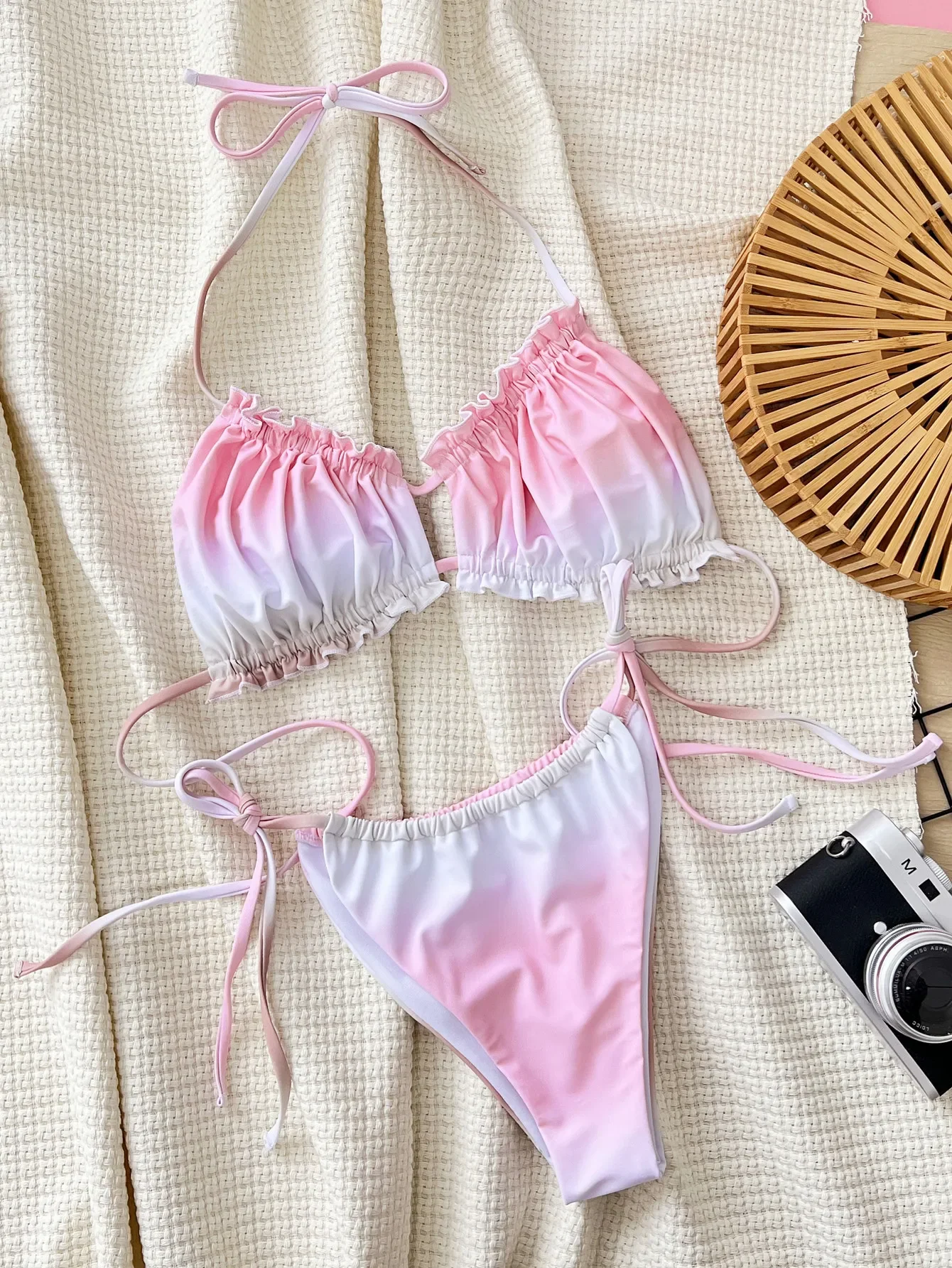 

sexy white pink gradient ruffles bikinis sets two pieces drawstring halter swimwear swimsuit biquini thong bathing suits tankini