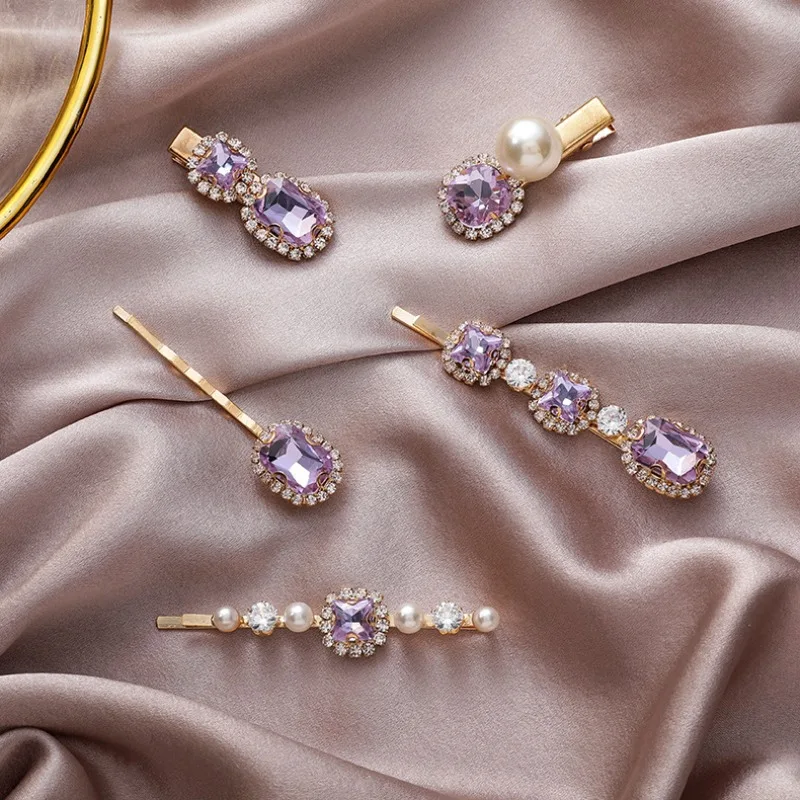 

Romantic Vintage Purple Rhinestone Pearl Hair Clip Elegant Side Bangs Barrettes Women Sweet Delicate Daily Girl Hair Accessoires