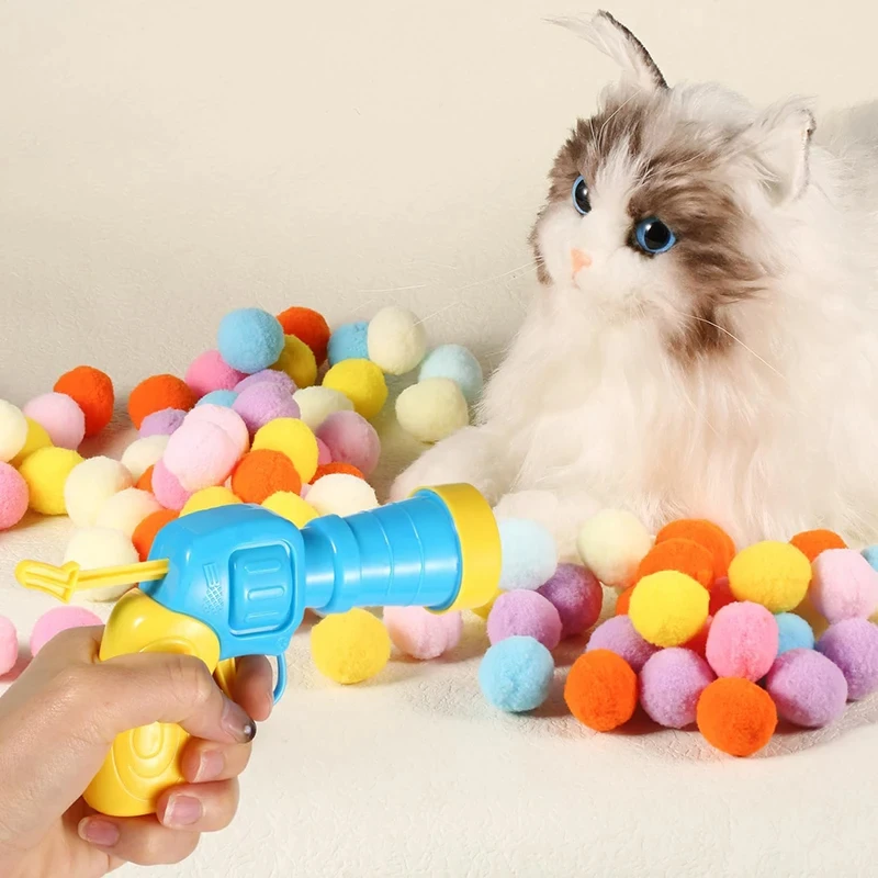 Cat Toys Interactive Launch Training Toy For Pet Kitten Creative Mini Shooting Gun Games Stretch Plush Ball Toys Pet Supplies