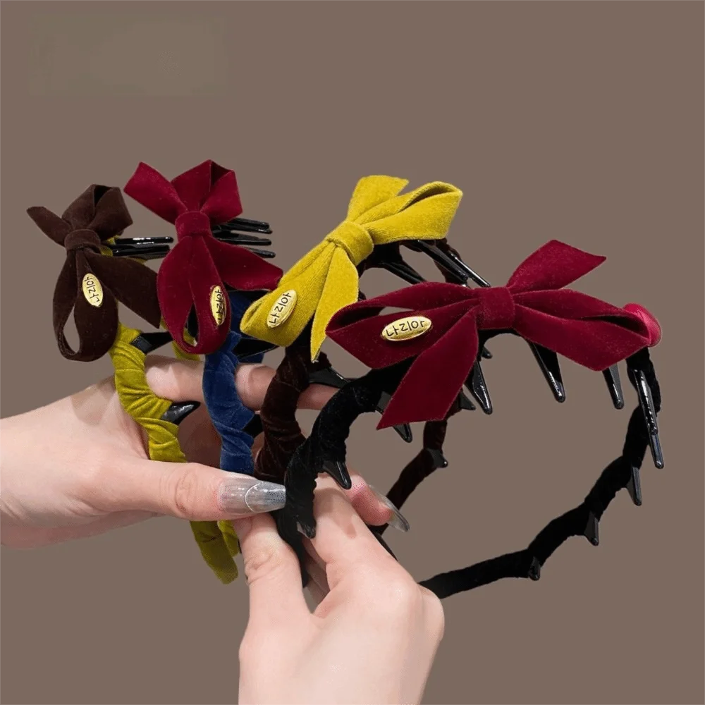 Fashion Flocking Bow Headband U-shaped Tooth Comb Non-slip Hair Hoop Hair Accessories New Year Hair Styling Accessories