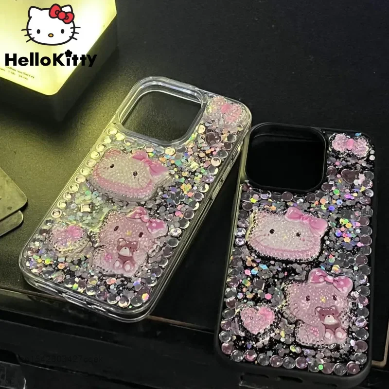 Sanrio Hello Kitty Drip Glue Sequin 3D Cartoon Phone Case For Iphone 15 14 12 13 Pro Max Apple Fashion Luxury Protective Cover