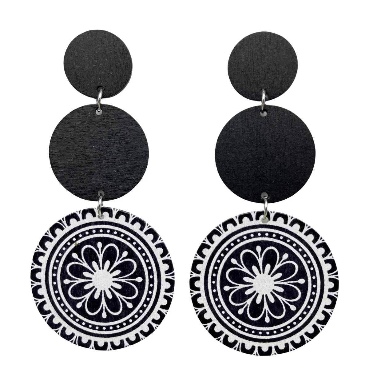 Vintage Black Circle Wooden Long Earrings Creative Ethnic Red Pattern Circle Patch Tassel Hanging Earrings For Women