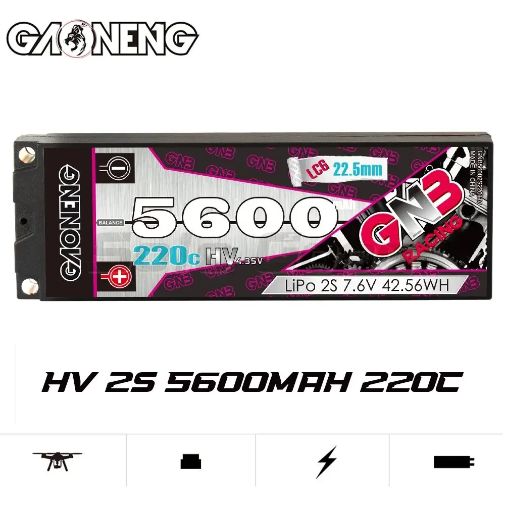 GAONENG GNB 5600mAh HV 2S 220C 440C 7.6V LCG 5mm Built-in Bullet Hard Case LiPo Battery 1/10 1/8 Touring Car